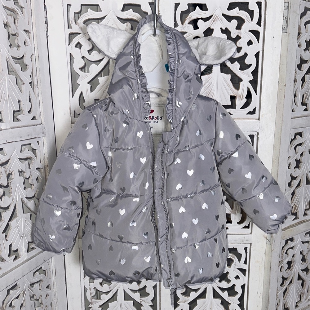 Silver Grey Heart Puffer Jacket with Hood